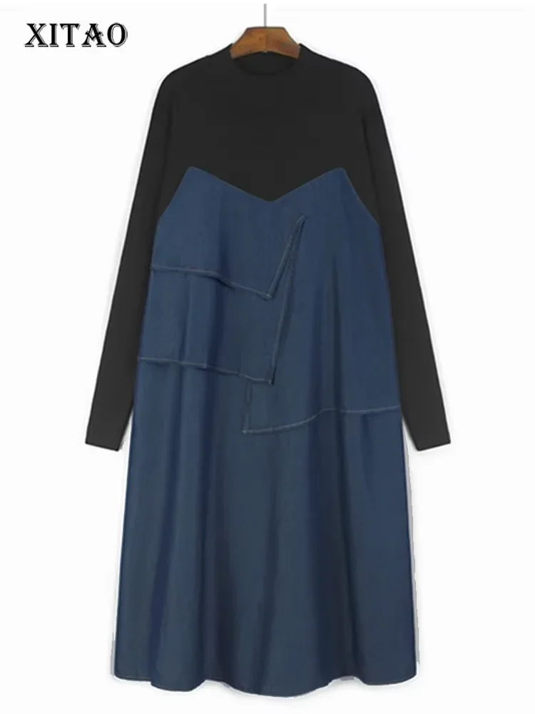 

XITAO Casual Solid Color A-line Loose Popular Dress O-neck Full Sleeve Denim Patchwork Temperament Spring Women Pullover GJ1121