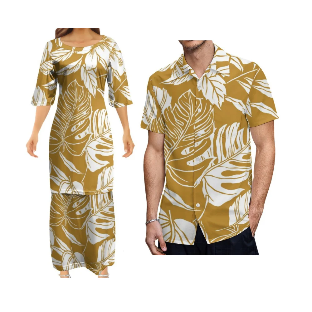 

Изысканный дизайн, полинезийский узор, парный комплект: женское приталенное платье-пулетаси с круглым вырезом и летняя мужская рубашка