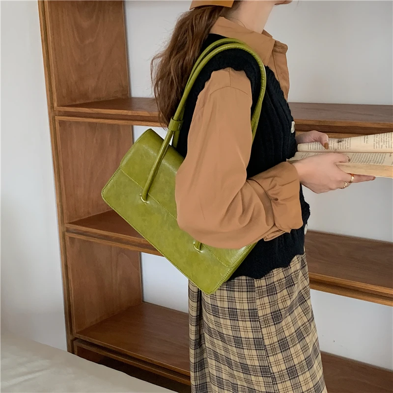 Retro Simple Women\'s Underarm Bag Vintage Green Ladies Square Shoulder Bags Winter Fashion Female Tote Purse Top Handle Handbags