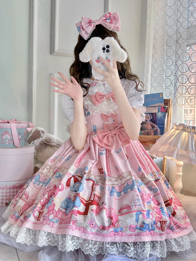 Japanese Sweet Lolita Jsk Dress Bear Party Girly Suspender Jsk Dress Summer Kawaii Sleeveless Princess Dress