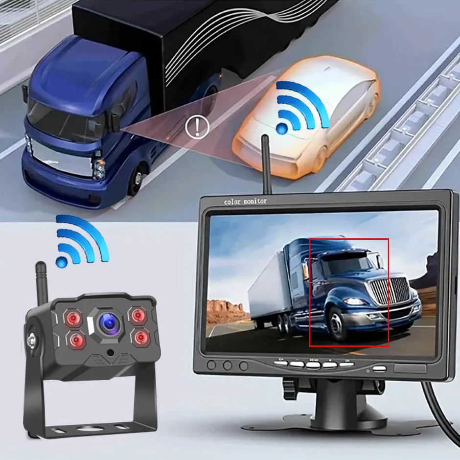 

HD Wireless Backup Camera Rear View Cam BSD AI Detection 7'' Monitor AHD for Truck Bus RV Camper Trailer Excavator PickupTrailer