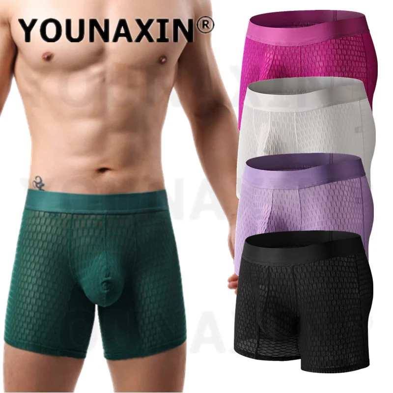 

Men's Sexy Underwear Long Leg Mesh Boxer Briefs Gym Training Fitness Sports Shorts Underpants Quick Dry EU Size M L XL 2XL