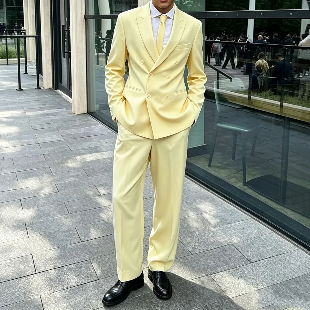 Elegant Light Yellow Double Breasted Business Men's Suits 2 Piece Blazer Pants for Wedding Formal Party Guest Groom Tuxedos