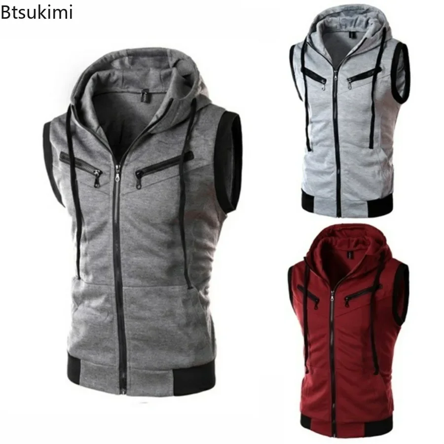 

2025 Men's Sleeveless Hoodies Fashion Casual Zipper Hooded Sweatshirt Men Bodybuilding Tank Top Sporting Shirt Waistcoat Vest