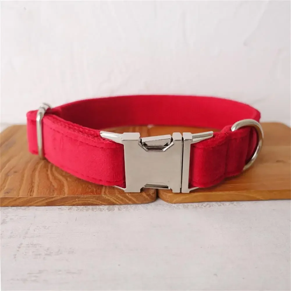 Personalized Dog Collar with Free Engraving, Matching Pet Leash,Customzied Contacts Metal Buckle,Red Thick Velvet Pet Collar