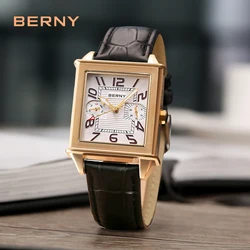 BERNY-Montre à Quartz de Luxe pour Homme, Vintage, Date du Jour, Cuir 3iko, Étanche, Précieux Carré localité, Montre-Bracelet, 6P25