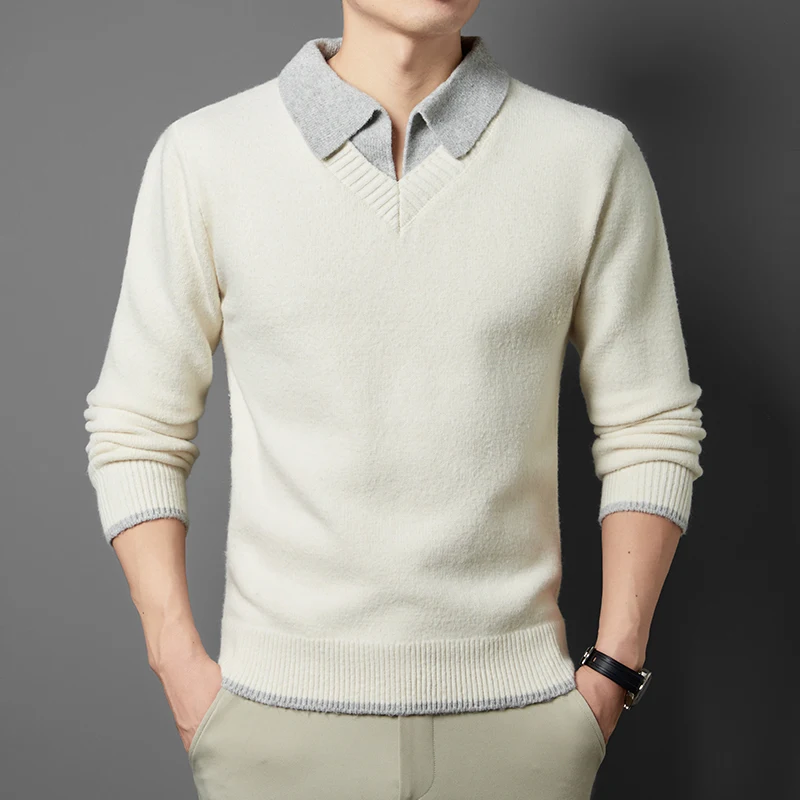 

Оригинальный дизайн, качественный мужской вязаный свитер, простой однотонный пуловер с лацканами, осень-зима, универсальная повседневная трендовая мужская одежда