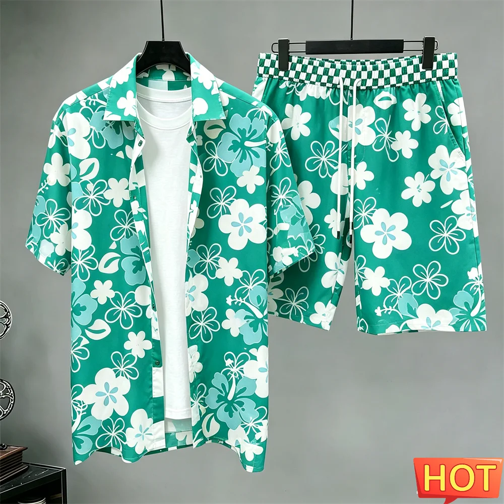 Summer Men's Vacation Shirt Set Flower print men two-piece set Casual shirt and shorts set Breathable Hawaiian y2k Two Piece Set