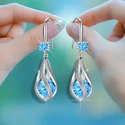Wholesale shining 925 Sterling silver blue Crystal earrings for women luxury fashion jewelry party wedding gifts