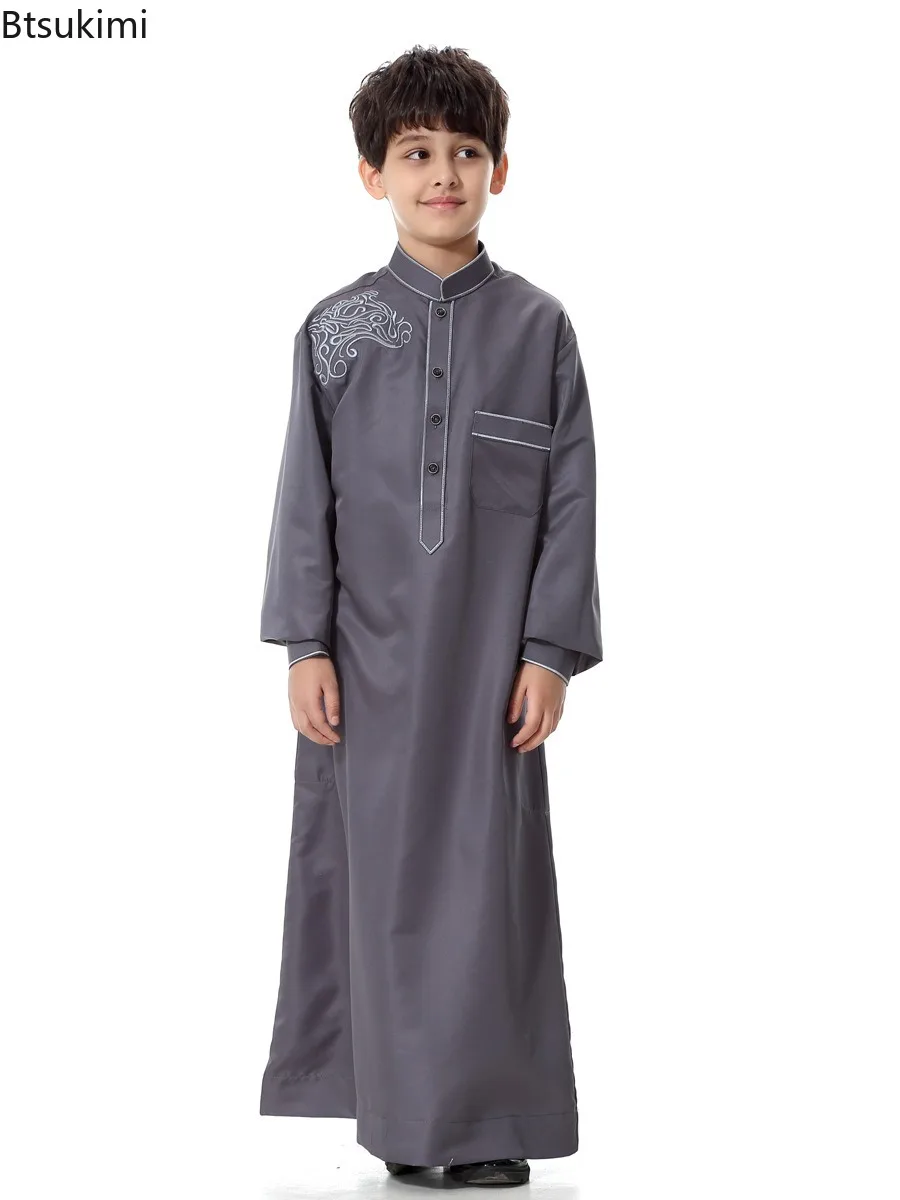 2025 Kids Robe Muslim Embroidery Stand Collar Abaya Boys Ramadan Thawb Teens Long Sleeve Traditional Clothes Mid East Arab Thobe