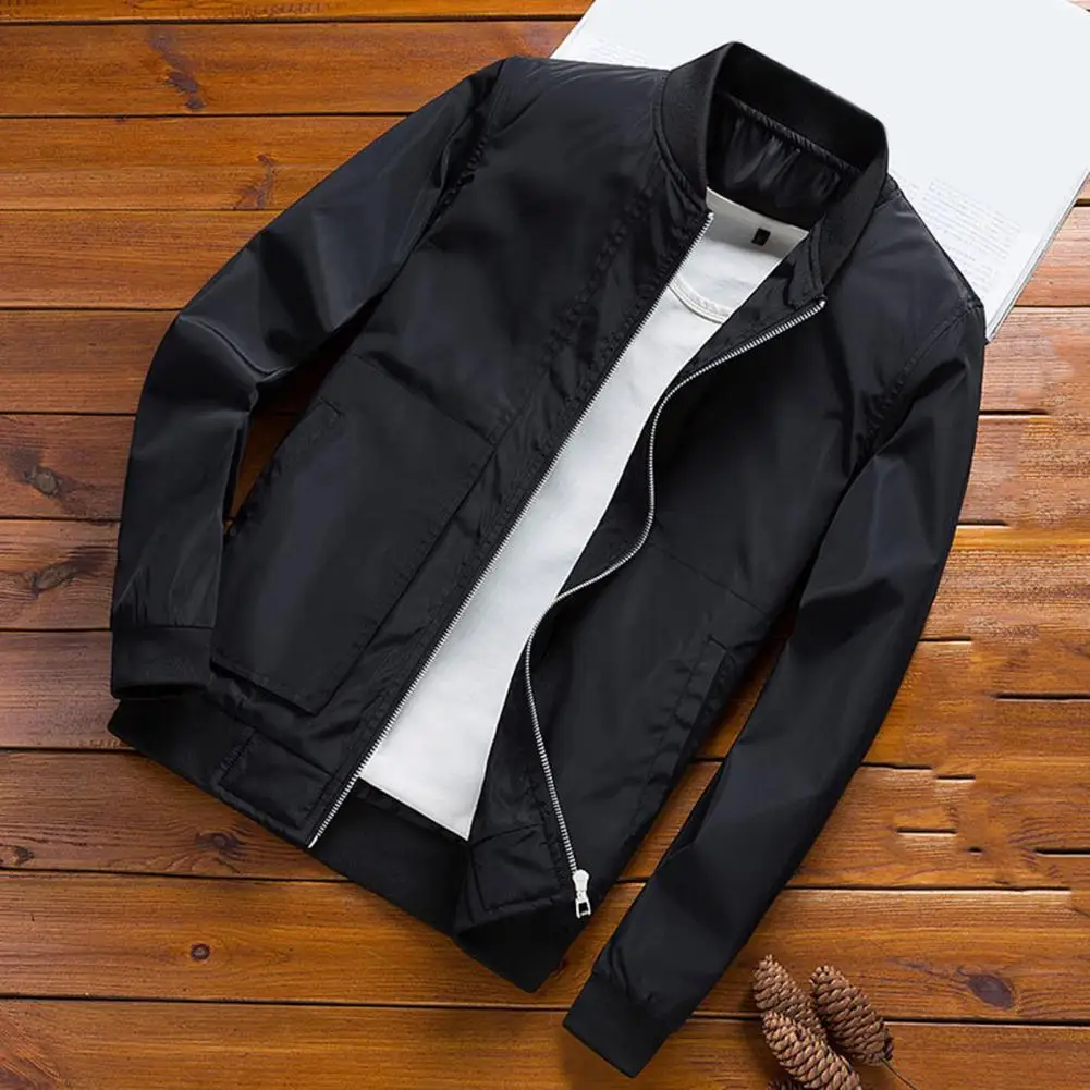 Attractive Men Coat Exquisite Edging Polyester Solid Zipper Design Men Outerwear for Daily