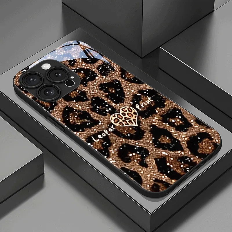 

Love Heart Leopard Print Tempered Glass Phone Case For iPhone 17 Pro Max 16 15 14 13 12 11 Pro 16E 17Air 7 8 Plus XR XS X Cover