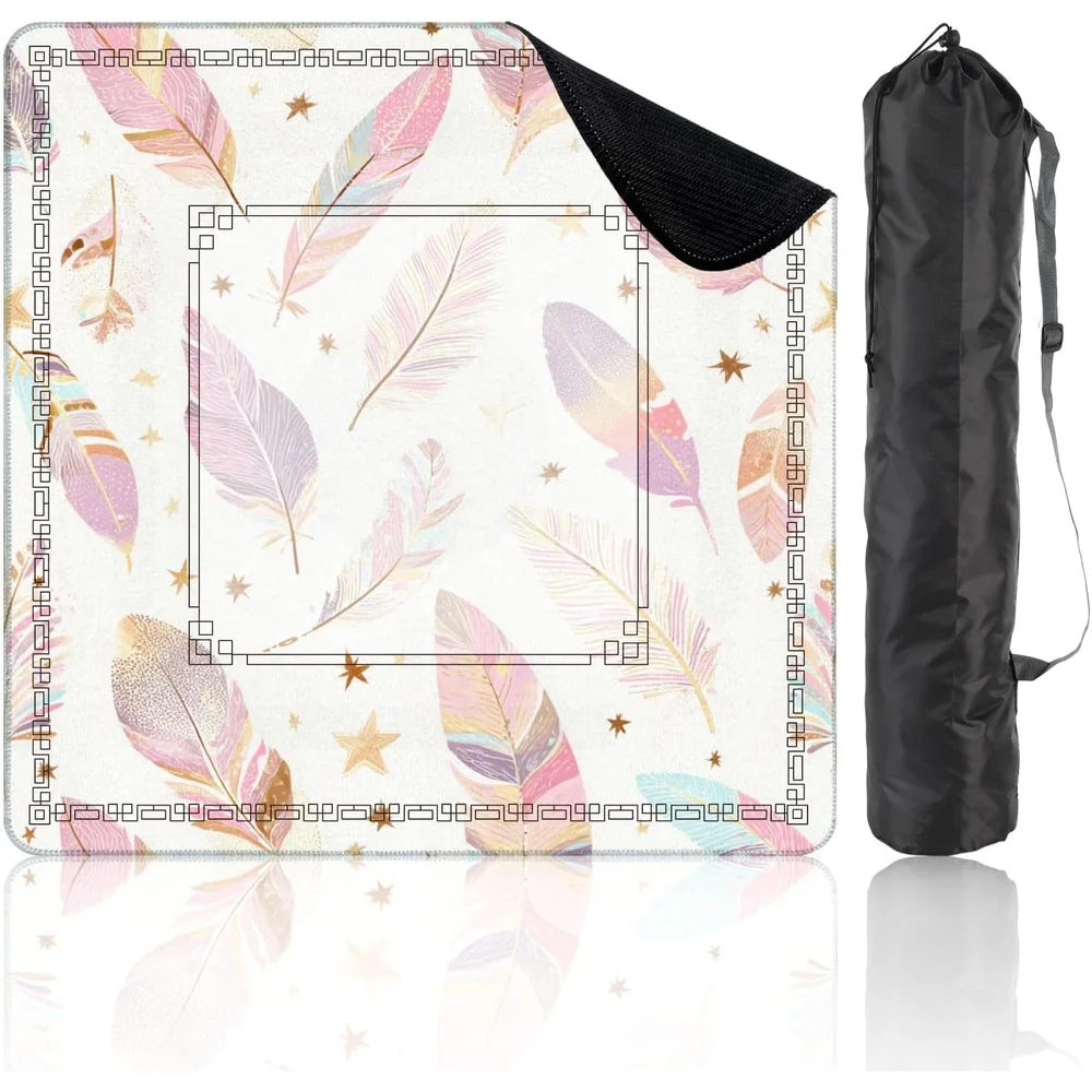 Luxury 3mm Neoprene Mahjong Tablecloth 31.5 Inch Boho Feather Gold Star Non Slip Noise Reduction for Mahjong Dominoes