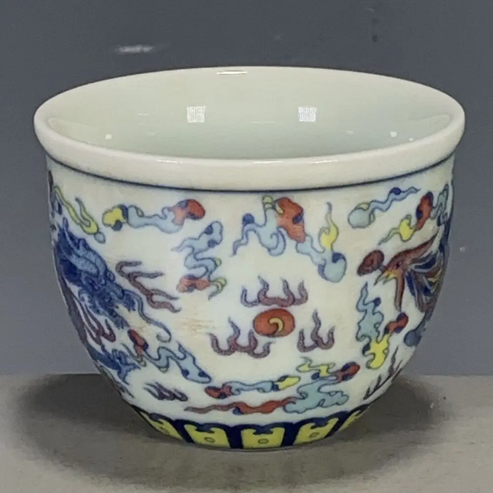 Chinese Ming Chenghua Blue & White Doucai Porcelain Dragon Phoenix Teacup 3.15