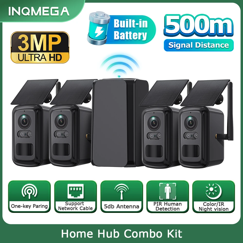 

Комбинированный комплект INQMEGA Home Hub: 4-канальная беспроводная камера видеонаблюдения на солнечной энергии, 3 МП HD, ночное видение, IP66, водонепроницаемая, Wi-Fi, 600 м