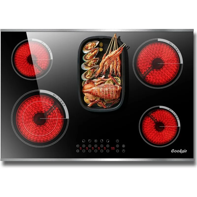 Electric Cooktop 30 Inch, 5 Burner Built-in Electric Stove Top with Glass Protection Metal Frame, 8400W Radiant Glass Cooktop