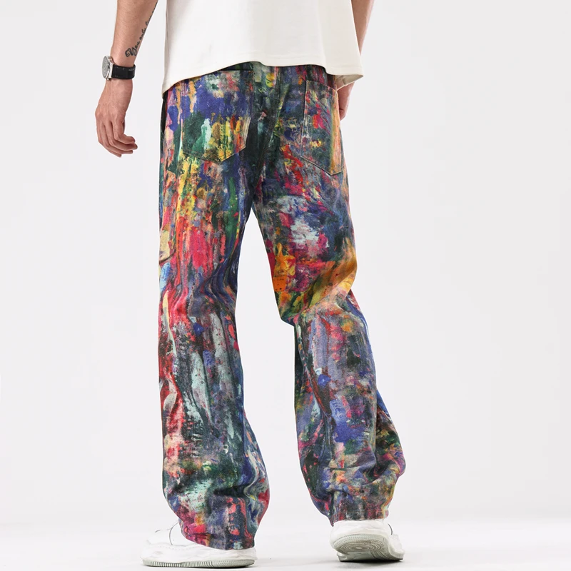 Men's Graffiti Print Wide Leg Jeans, Elastic Waist Drawstring Casual Pants, Non-Stretch All-Season Streetwear Trousers