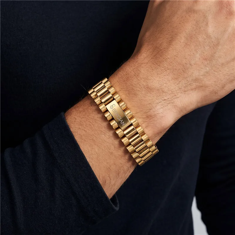 Kalen 16mm Stainless Steel Watch Link Bracelet For Men Polished Metal Chain ID Tag Jewelry Office Casual Male Hand Accessories