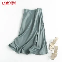 Tangada Women Solid Quality Satin Midi Skirt Vintage Side Zipper Office Ladies Elegant Chic A-line Skirts 6D18