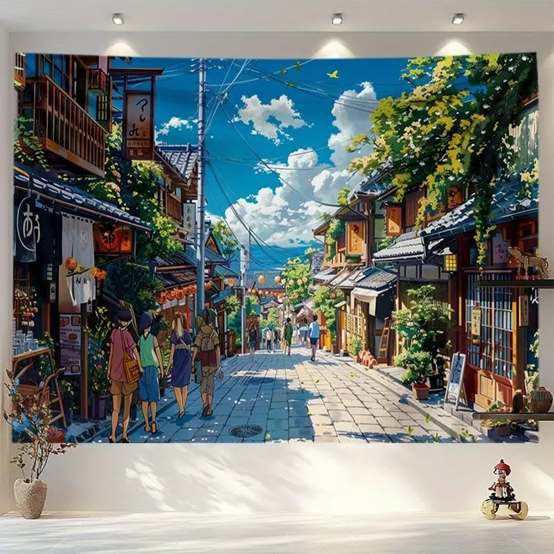 VIKAMA Summer Clear Sky Japanese Old Street Anime Landscape Tapestry Wall Art for Bedroom Living Room Decoration Healing and