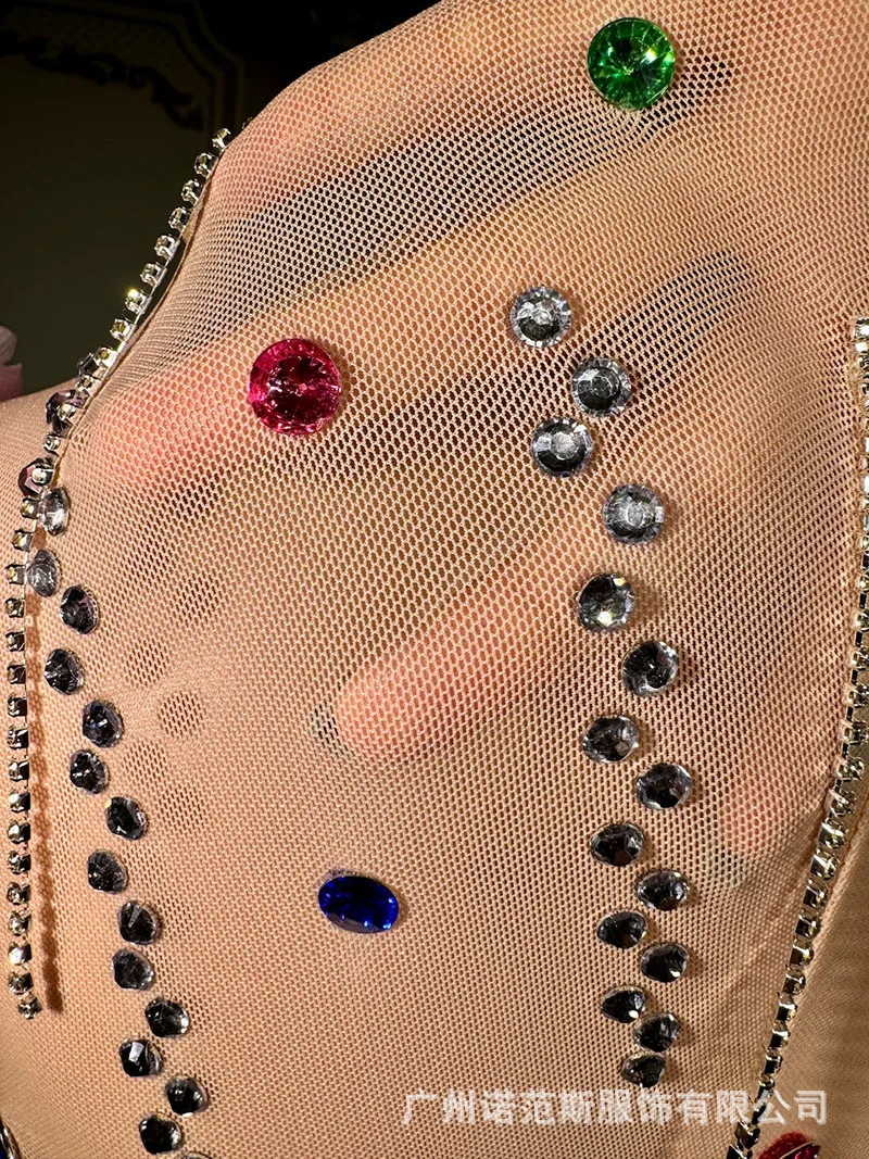 Fashion Flower Color Hot Diamond Mesh Split Dress Evening Dress Party Clothing Car Model Performance Clothing Abendkleider Luxus