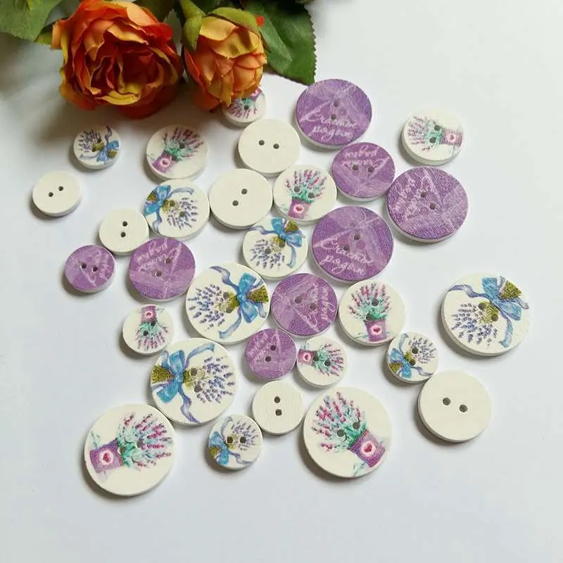 50pc/lot Size 15/20/25mm Light purple lavender Buttons Painted Wooden Buttons For Clothing And home Text 2 Holes buttons