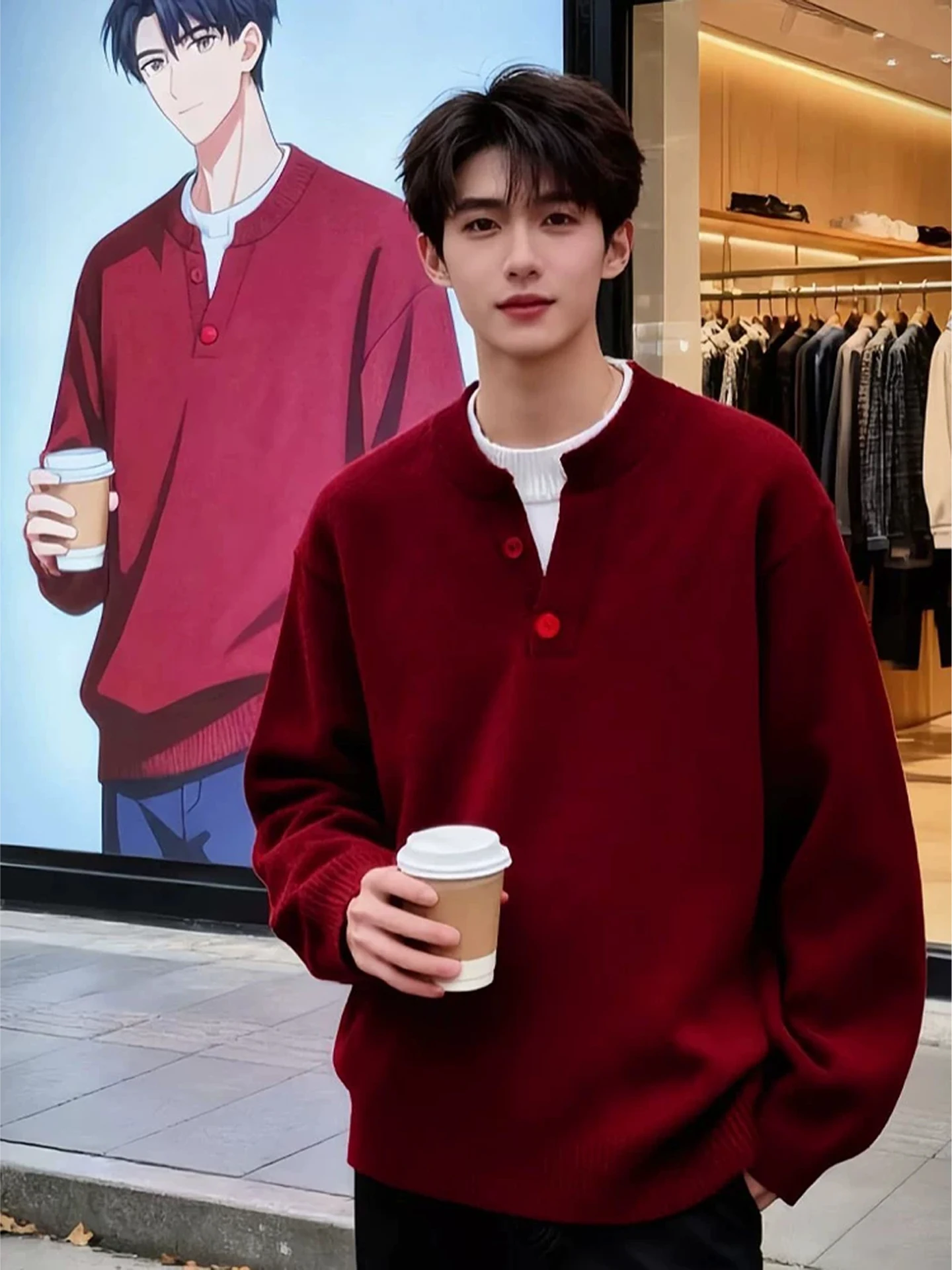 

Red Henry Collar Thiened Knitted Sweater Men's Autumn Winter Base Layer Casual Sle Pure Color Zipper Closure Warm Fabric