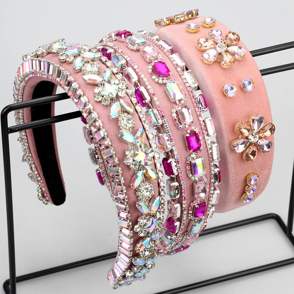 

Hot Selling European and American Baroque Rhinestone Sponge Wide Edge Retro Full Rhinestone Pink Crystal Headband