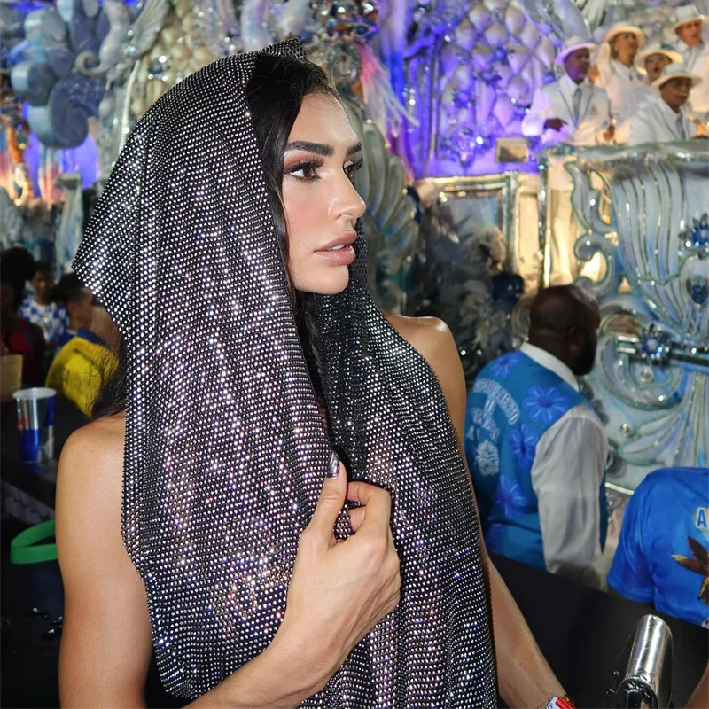 Damen Strass-Netzkleid mit Kapuze, sexy Kristall-Fischnetz-Zweiteiler-Set, Rock-Set für Nachtclub, Party, Festival, Rave-Outfits, Kleid für Damen – Detail 1