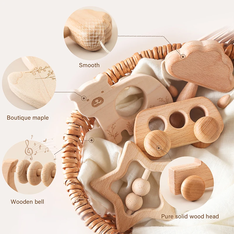 4Pcs Baby Wooden Wooden Rattle Beech Bear Hand TeethingToys Natural Wooden Ring Baby Rattle Montessori Toy Car Newborn Gift