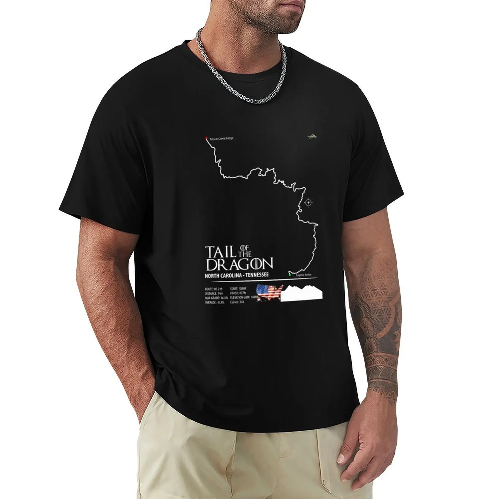 Tail of the Dragon Road US 129 Motorcycle Sports Car Trail Map Art Print T-Shirt t shirt man cotton T-Shirt