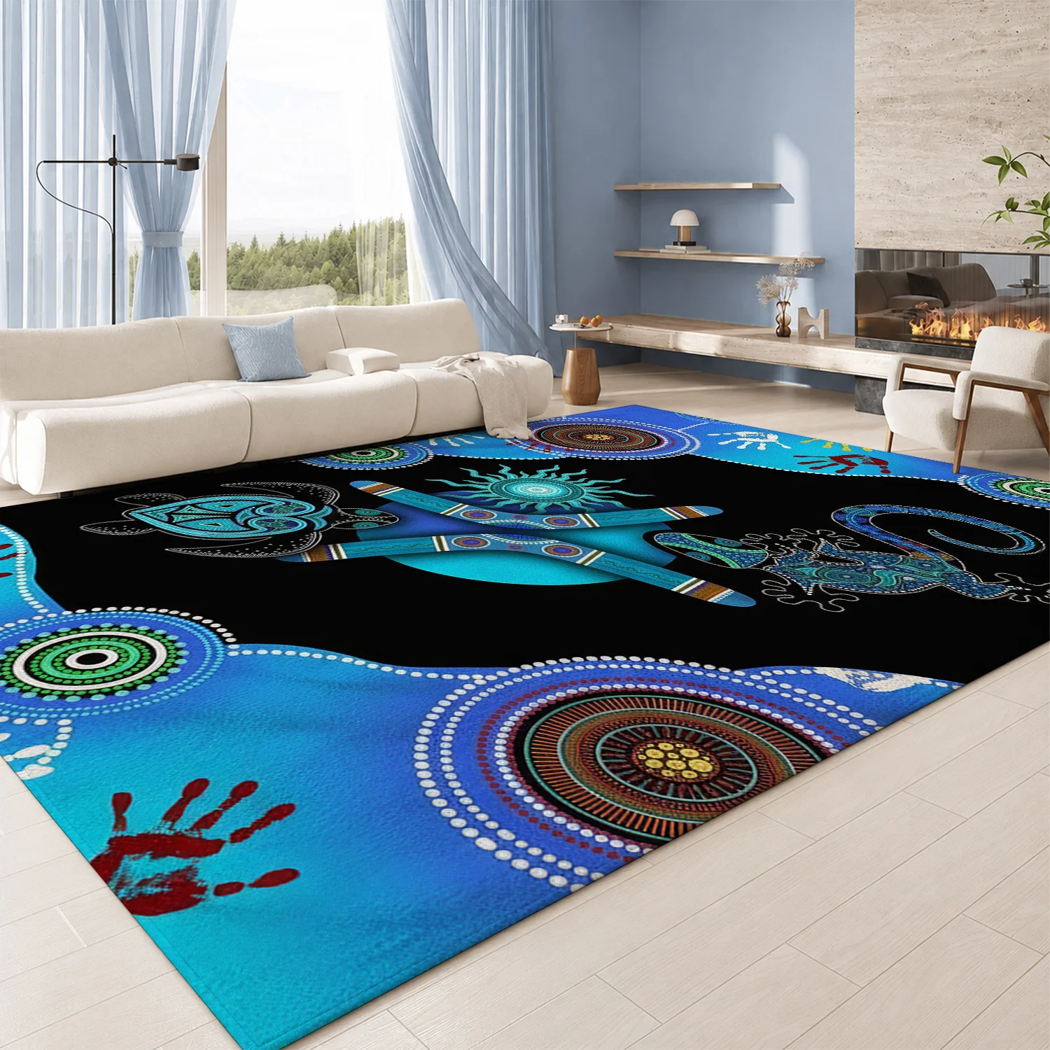 Large Indoor Area Rug, Soft Velvet Low Pile Non-Slip Dotted Backing Machine Washable, Aboriginal Dot Art Black Blue Turtle Lizard Decor for Living Room Bedroom
