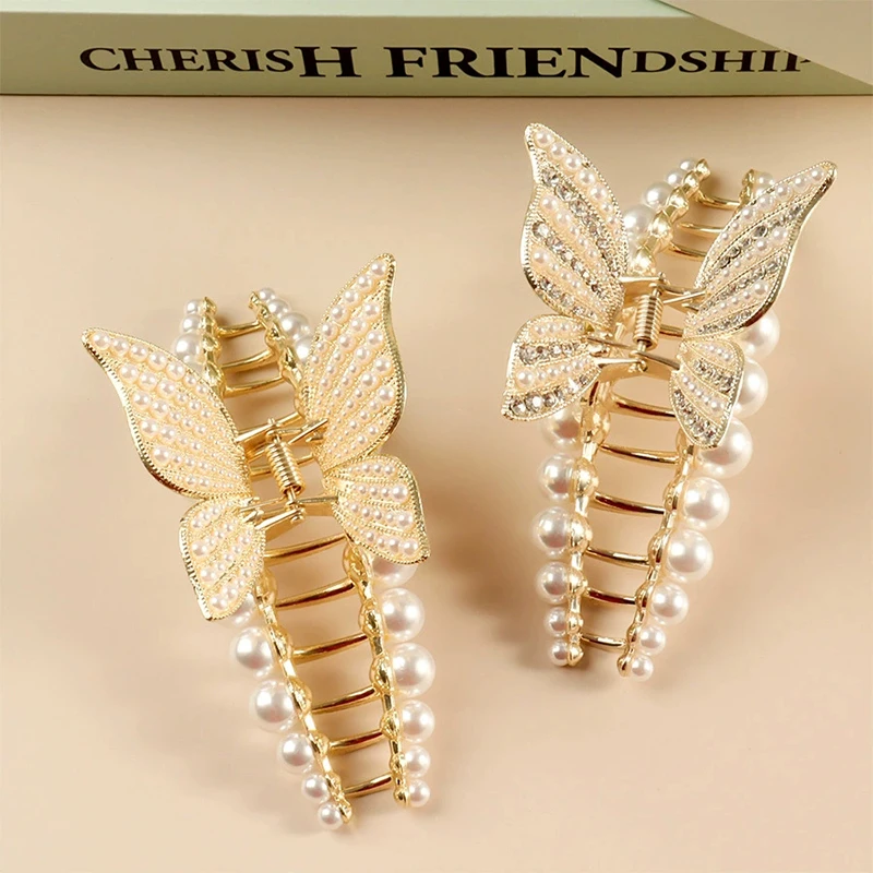 

Luxury Pearl Butterfly Hair Claw Clip Women Large Size Crystal Rhinestone Shark Clips Elegant Girls Hair Accessories For Updos
