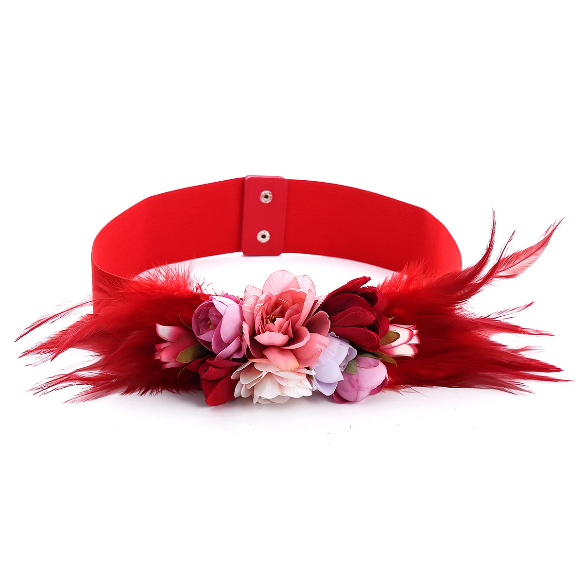 Women\'s Artificial Rose Flower With Feather Wide Belt Red Elastic Cummerbunds