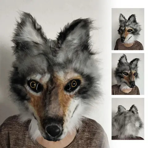 NEW Grey Furry Wolf Mask Cosplay Costume Accessories Faux Fur Animal Full Head Masks Anime Party Dress Up Headgear Realistic