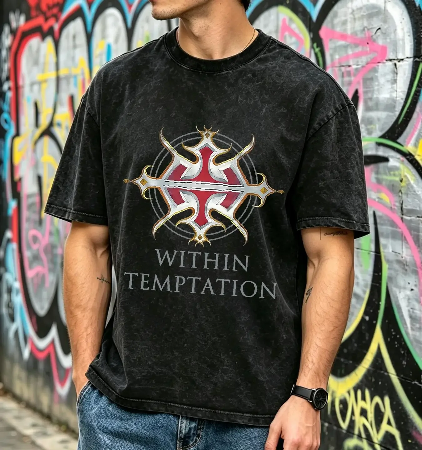 washed T Shirt WITHIN TEMPTATION LOGO Cotton Men White Size S to 5XL BE915 long or short sleeves vintage Washed graphic Stylish