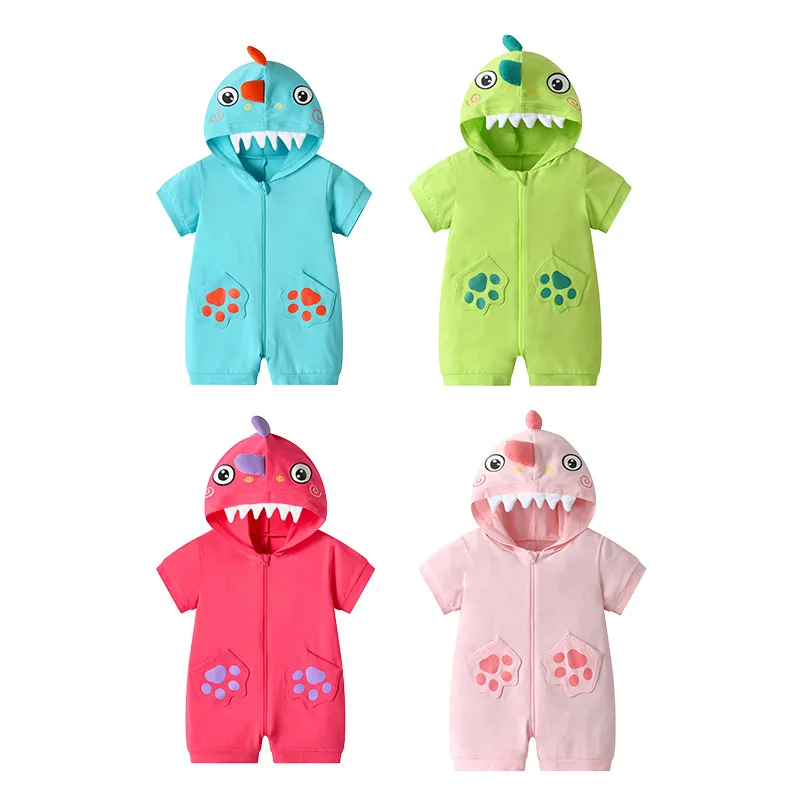 Kawaii Dinosaur Summer Infant Baby Clothes Boys Girl Bodysuit Hooded Cartoon Kawaii Five Colors Short Sleeve Romper Onesie