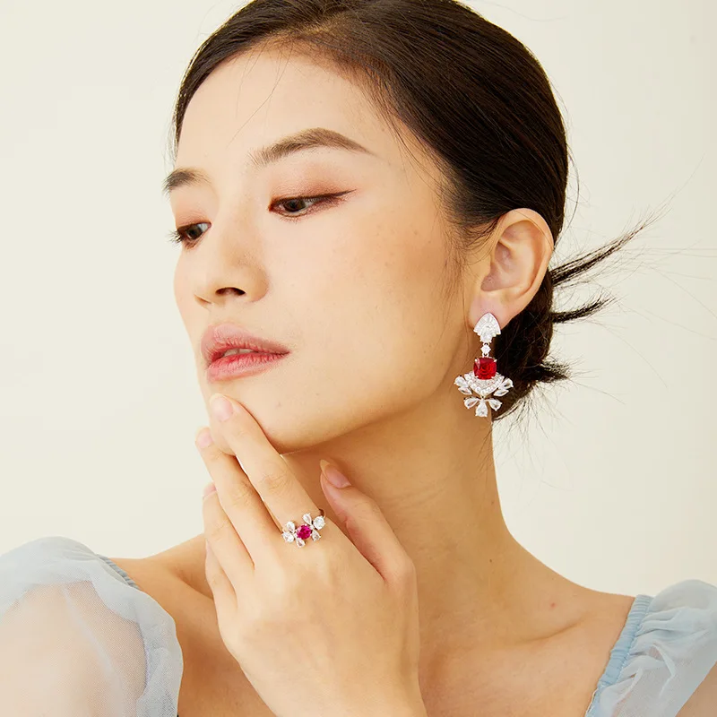 Designer Collection Fashion Style Stud Earrings Women Lady Inlay Drop-shaped Cubic Zircon Synthetic Ruby Tassels Eardrop