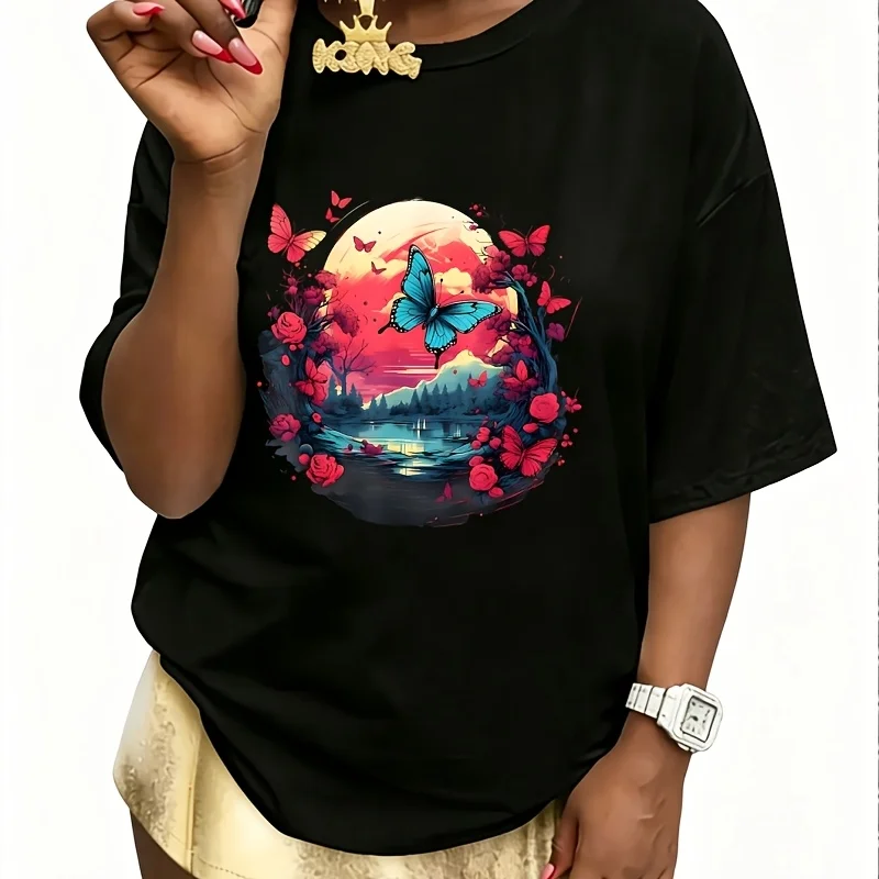 Butterfly Landscape Color Artwork Nature Animal Art Women's 100% Cotton T-Shirt Fun Print Short Sleeve Top Casual Round Neck Tee S-5Xl