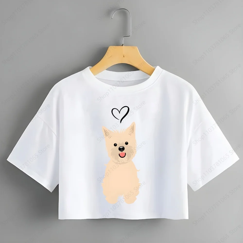 Cairn Terrier Print Midriff T Shirts Women Summer Harajuku Crop Top Girls Streetwear Camisa Casual O Collar Navel Shirt Ladies