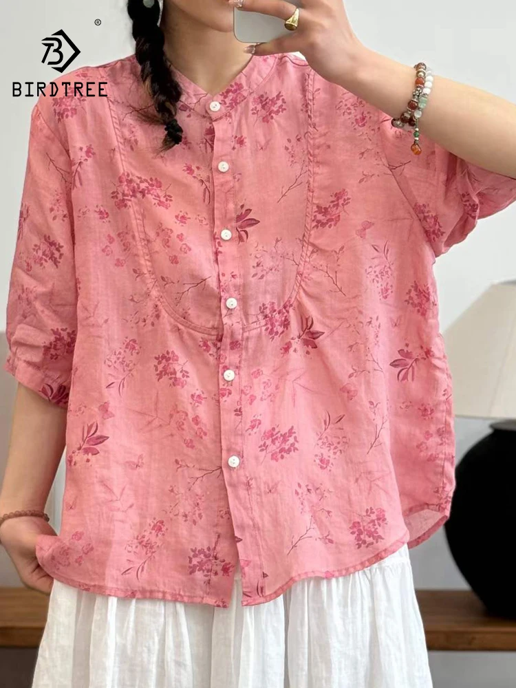 

New Summer Linen Half Sleeve Shirt Stand Printed Tops Girl Casual Loose Retro Literature Commute Blouse 2024 Autumn T47144QC