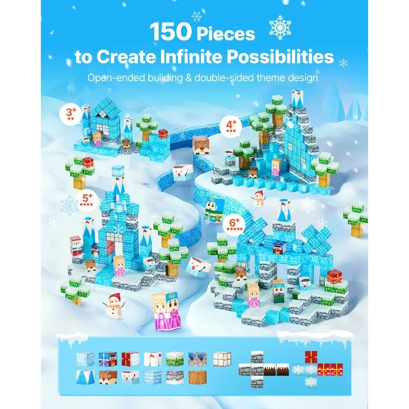 Blocs magnétiques 150 pièces, ensemble de château Glacier, jouets sensoriels STEM Montessori