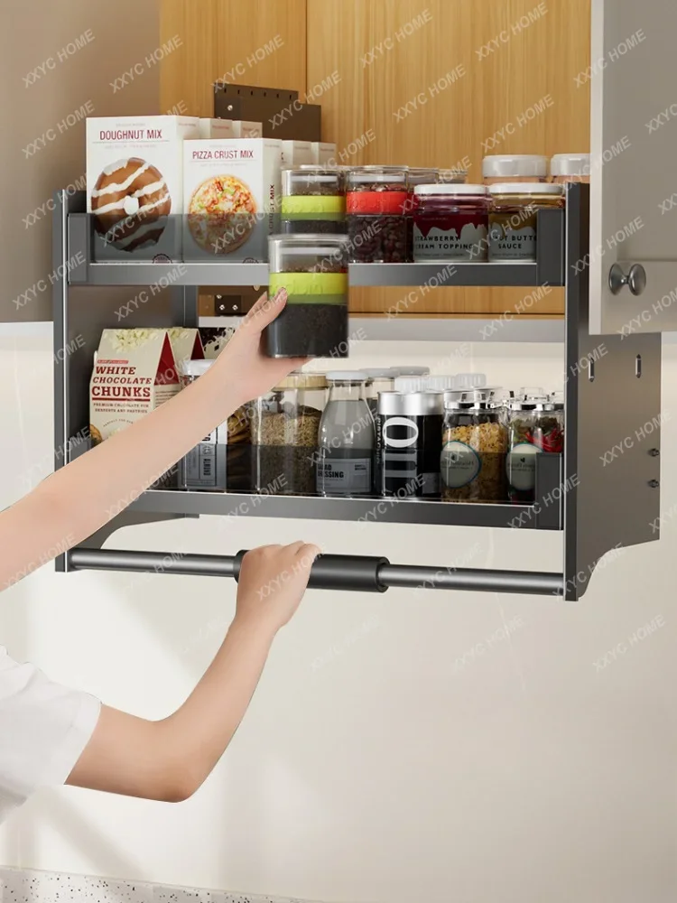 Kitchen Wall Cupboard Lifting Pull-out Basket Cabinet Drop-down Type up and down Buffer Open Door Telescopic Storage Rack