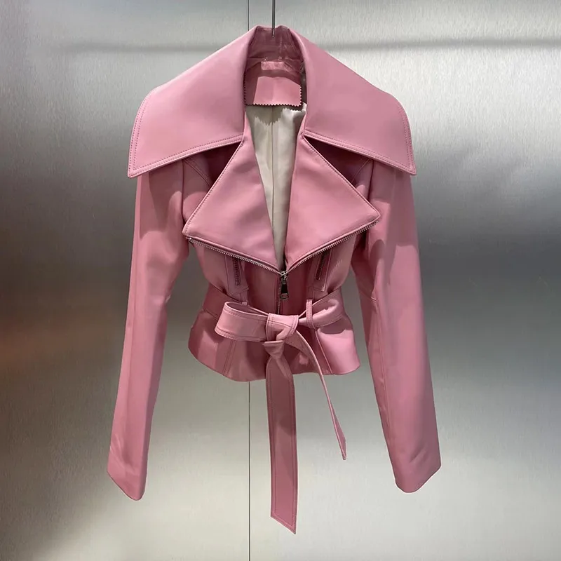 Chaqueta de cuero Real con cremallera y cinturón para mujer, abrigo de cuello vuelto para motocicleta, ropa de calle de moda para mujer