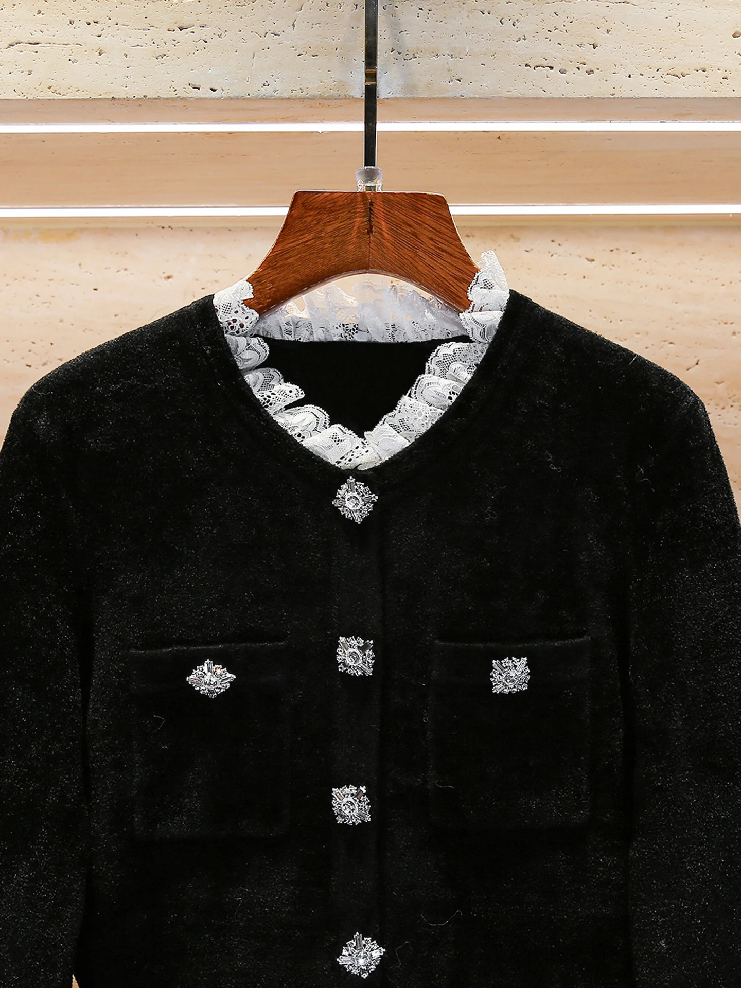 High-End Women's Lace Velvet Dr Autumn Season Ele Rich Girl Sle Button Closure Long Sve Stand Fit A-Line Skirt