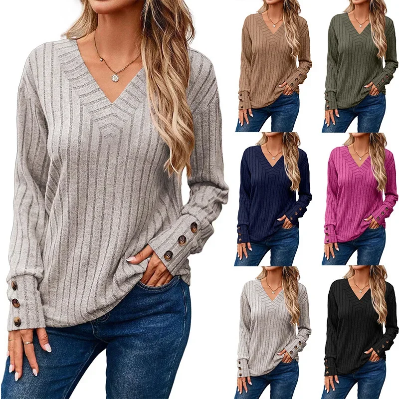 7 Colors Options Women's V Neck Long Button Sleeve Striped Loose T-shirt Tops Summer Female Pullover Blouse Shirt SXFZ-SX241010