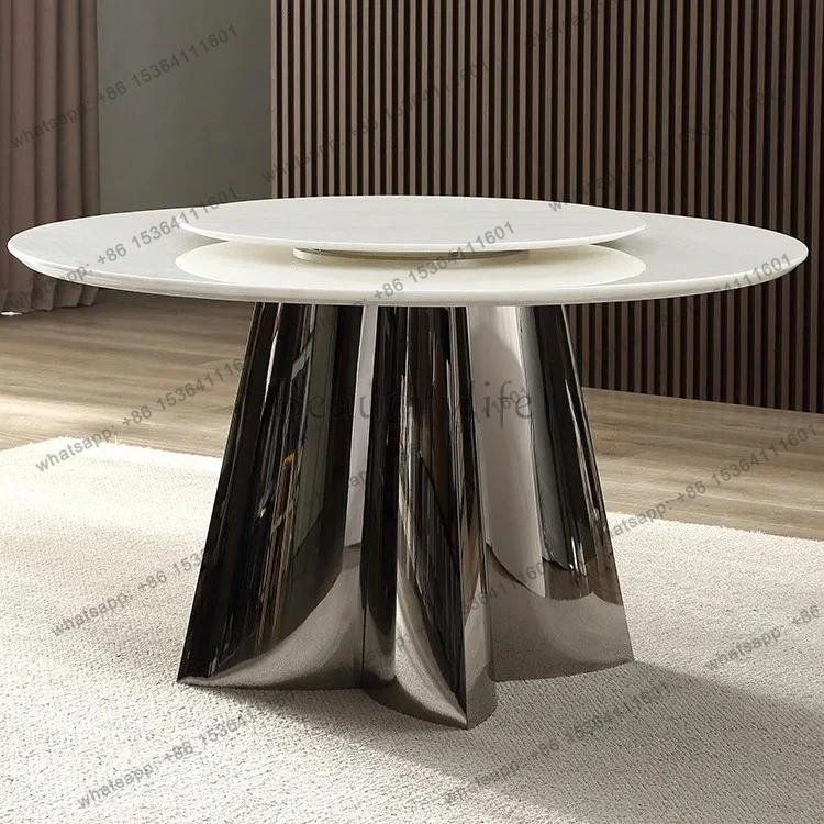 

light luxury natural marble second-floor small apartment with turntable simple villa dining table