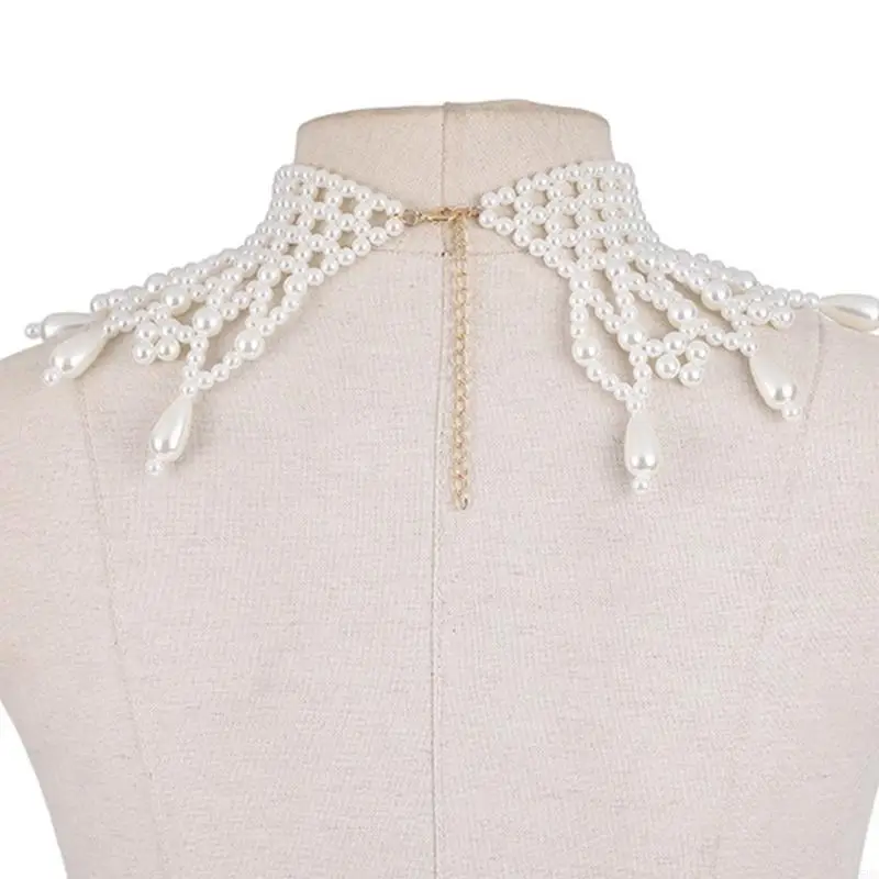 G5GC Pearls Weave Shoulder Necklace Choker for Women Dresses Body Chain Shawl Collar