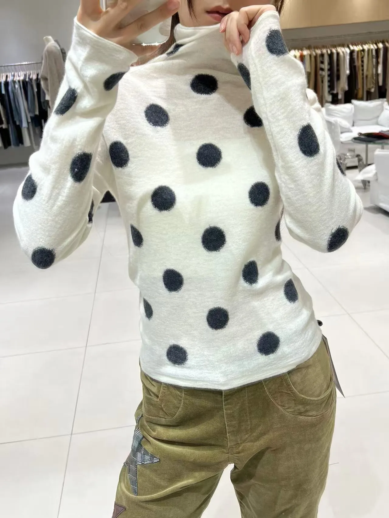 

White High Collar Wool Base Shirt Women's Long Sleeve Knitted Soft Inner Wear Polka Dot Top Autumn Winter New Arrival Slim Fit
