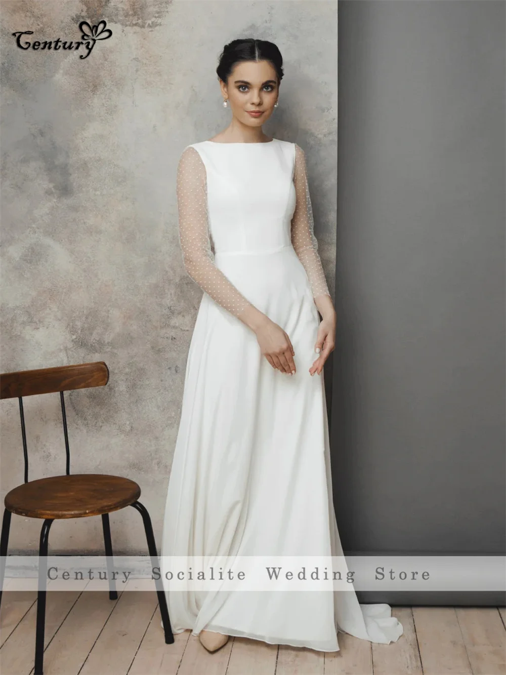 Abito da sposa semplice per donna Sposa manica lunga A Line Lunghezza pavimento Illusion Back Abiti da sposa civili Eleagnt Personalizzato